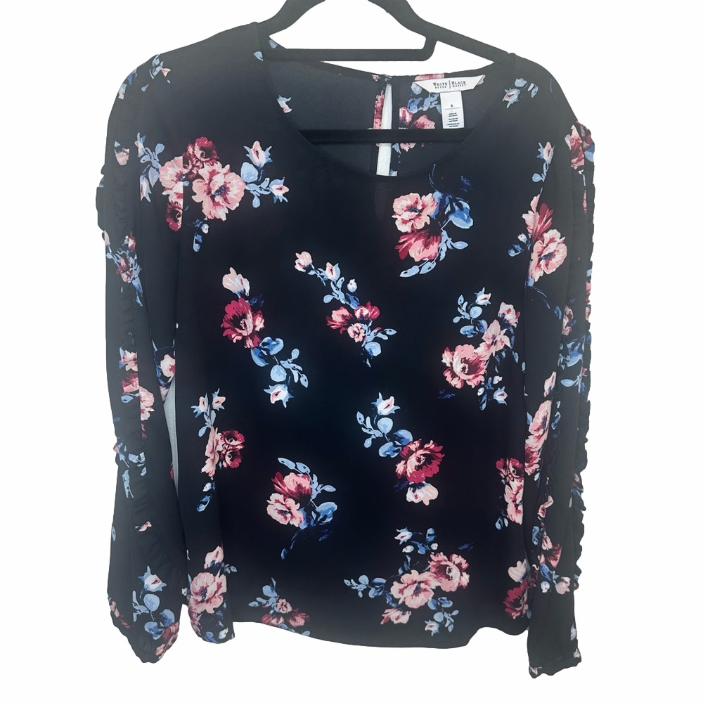 White House Black Market Black Floral Blouse Size 8
